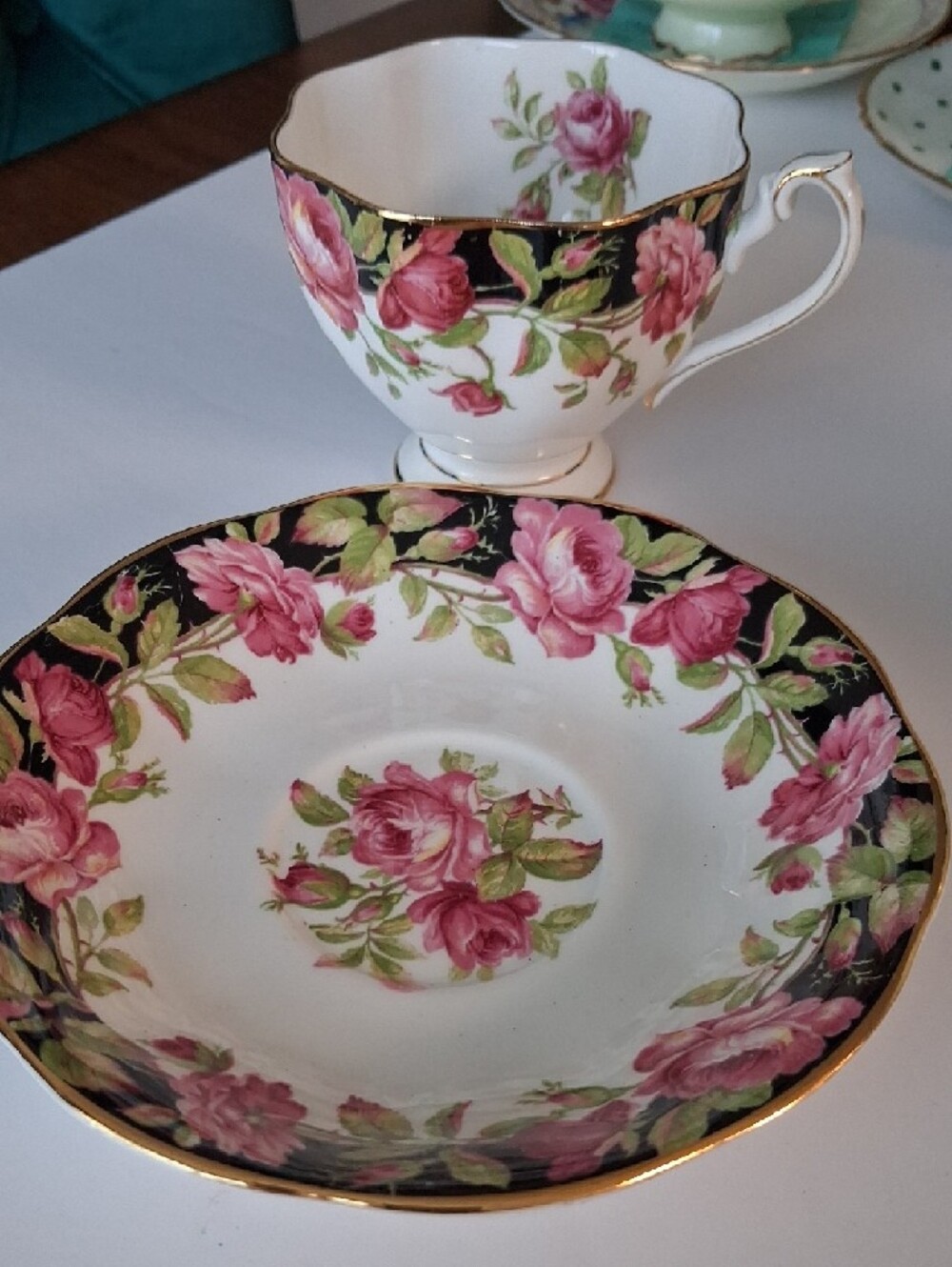 "Black Magic" Pink Rose Bone China Teacup and Saucer - Floral Tea Set - Picture 2 of 5